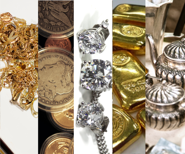 A collection of different types of metal and jewelry. Represents the first step of the Gold Rush Houston selling process, which is to bring in your items.